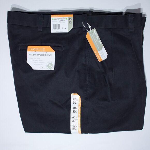 NWT Savane Pleated Performance Chino Comfort Waist Dark Navy Blue Men 40x30 (A6) - Picture 2 of 10